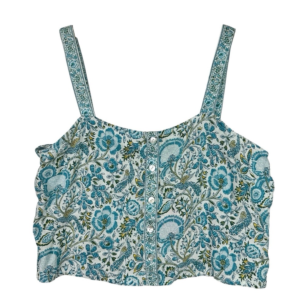Rachel Zoe 100% Linen Floral Crop Top XL Blue Smocked Back Resort‎ Cottage NWT